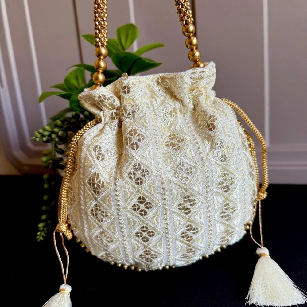 Off-White/Pale Yellow Embroidered Potli Clutch with Gold Beaded Handles